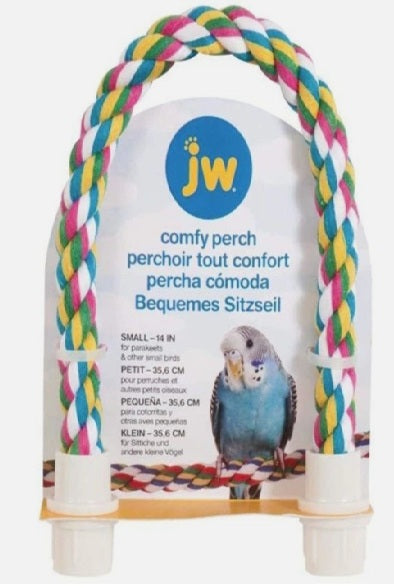 Colorful bird perch with JW logo and product details on a white background