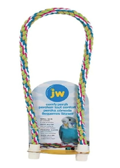 Colorful rope perch with JW pet product packaging on a white background