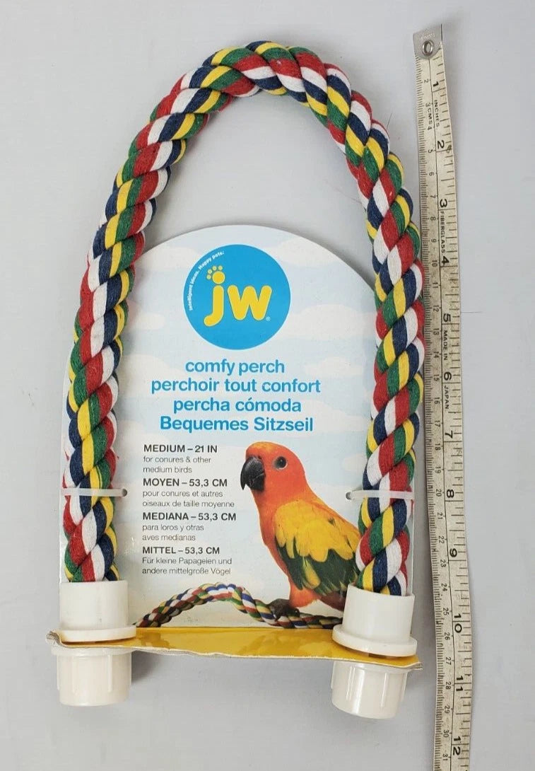 Bird perch with colorful rope and JW label next to a ruler for size reference