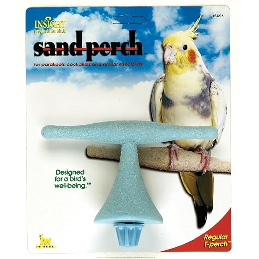 Bird sand perch packaging with a parrot on the perch against a blue sky background