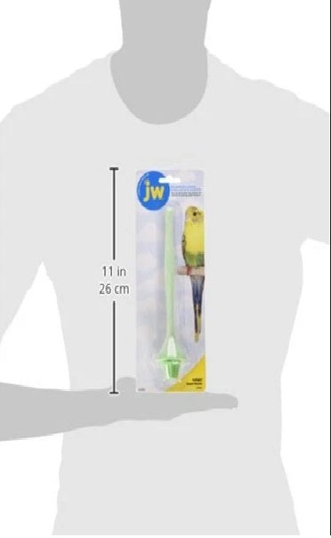 JW Pet Company product packaging held by a person, with measurements displayed.