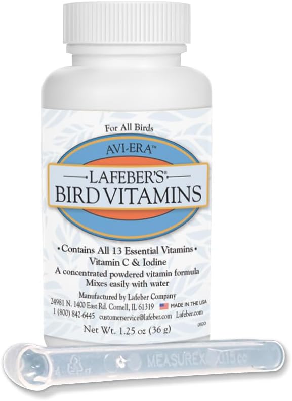 Lafeber's Bird Vitamins bottle with a measuring spoon on a white background