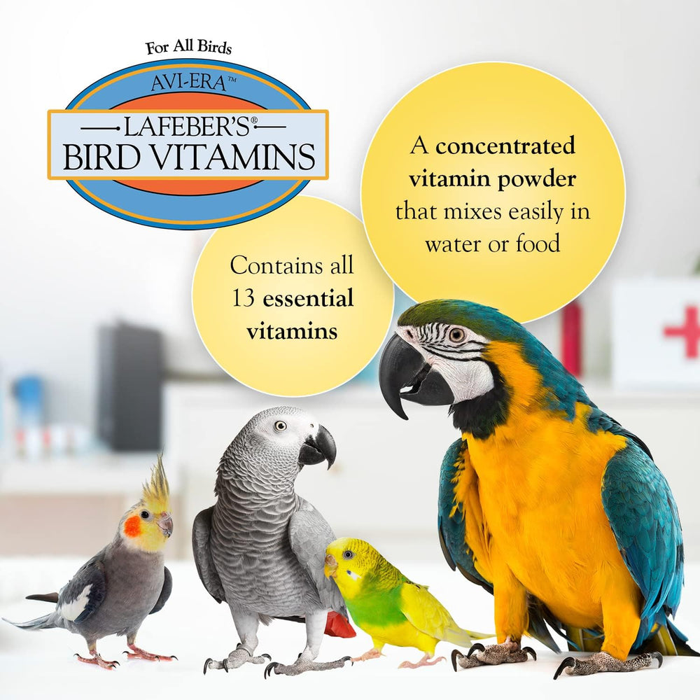 Lafeber's Bird Vitamins packaging with various birds and product details.