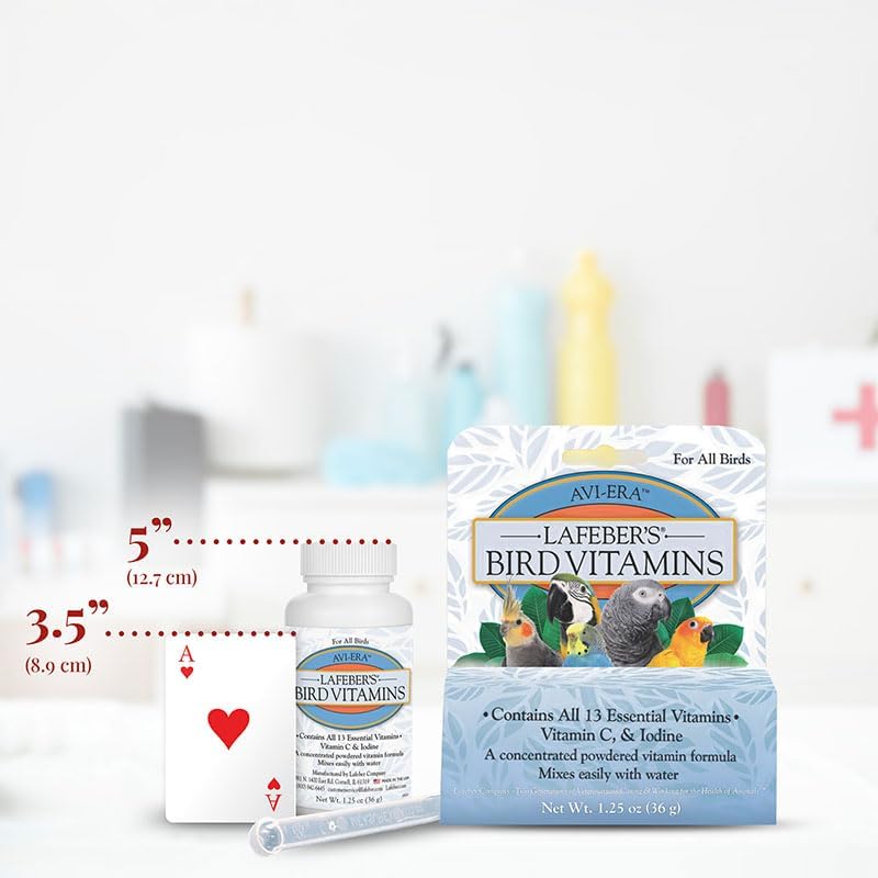 Lafeber's Bird Vitamins packaging with a bottle and measuring card on a white background