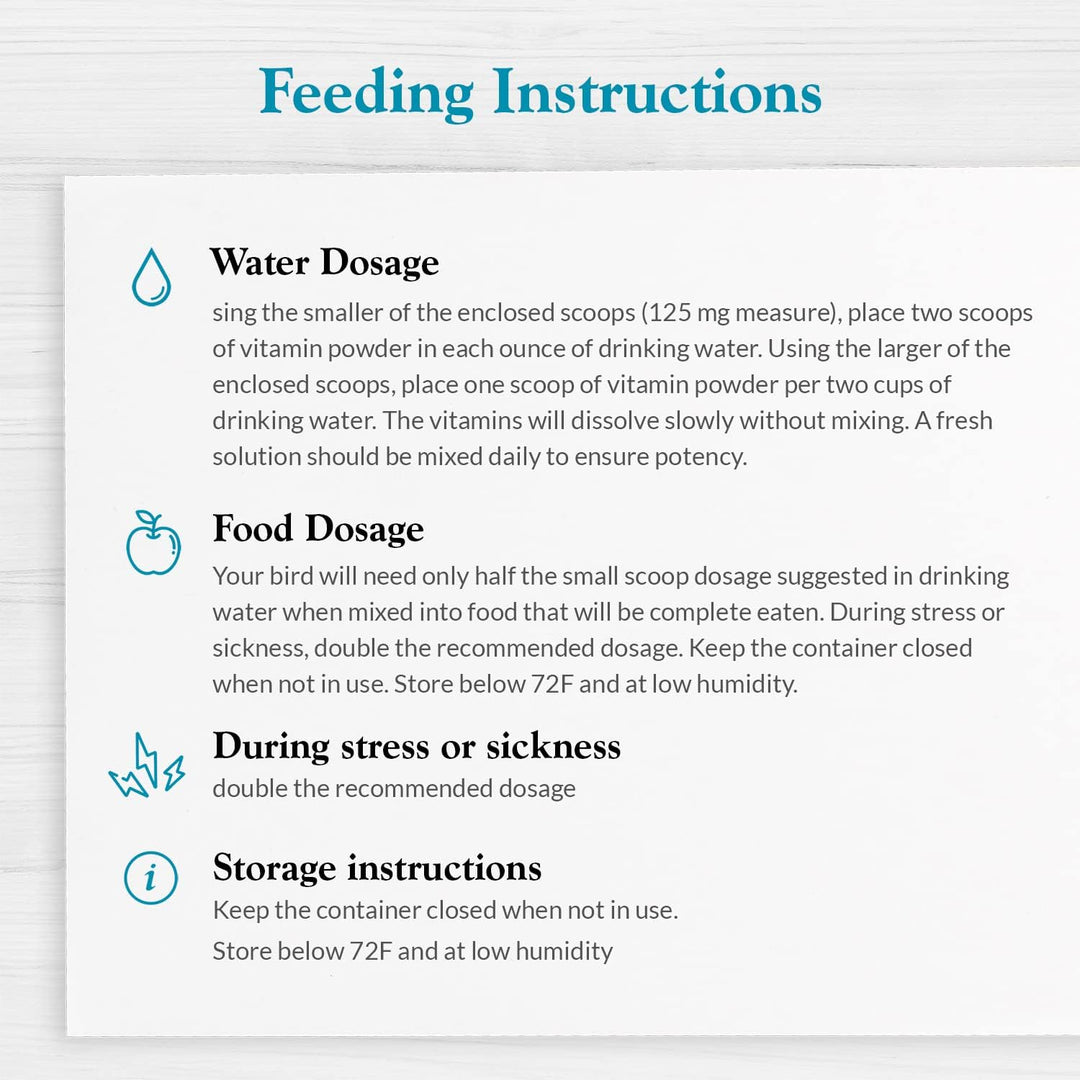 Feeding instructions for a Lafeber Avi-Era Bird Vitamins 1.25 Oz on a white background