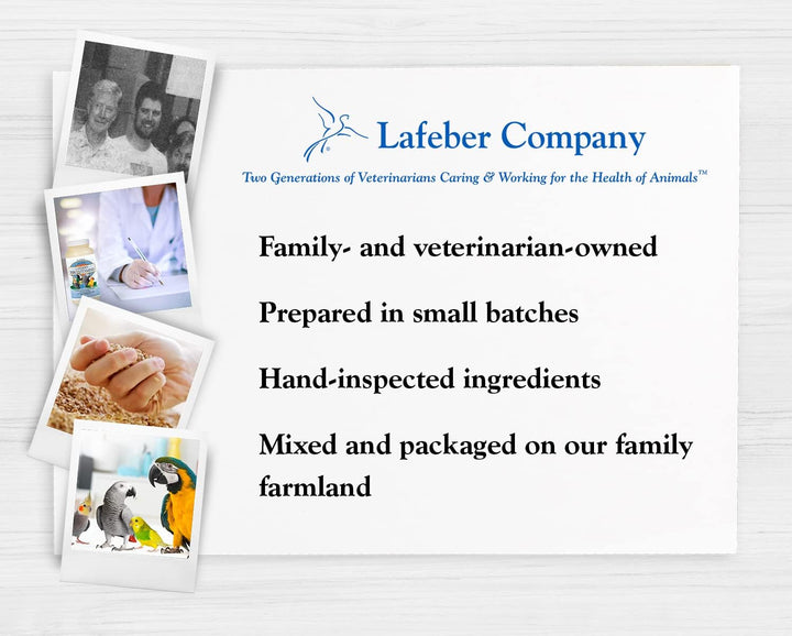 Lafeber Company advertisement with text about family-owned and hand-inspected pet food, featuring images of people and animals.