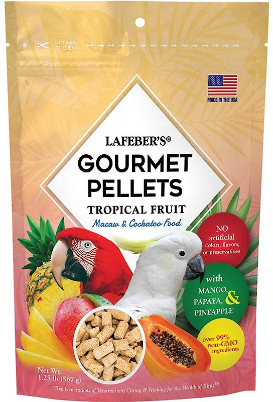 Lafeber's Gourmet Pellets Tropical Fruit macaw and cockatoo food packaging with parrot illustration.