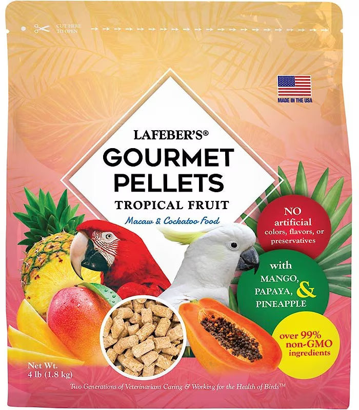 Lafeber's Gourmet Pellets Tropical Fruit bird food for Macaws packaging with parrots and fruits on a colorful background.