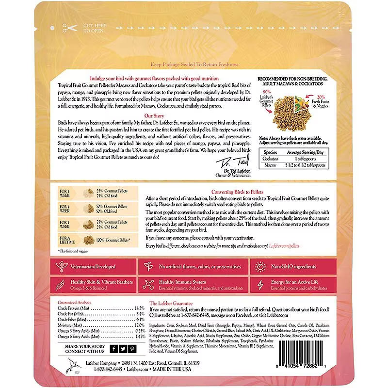 Back of a Lafeber Macaw Tropical Fruit Gourmet Pellets package with text and branding