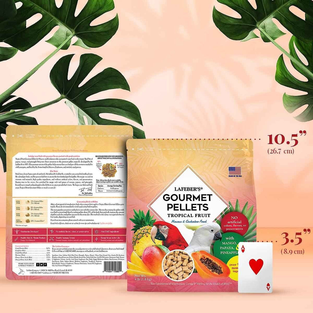 Lafeber's Gourmet Pellets Tropical Fruit for Macaw package with dimensions and a heart-shaped card on a pink background with green leaves.