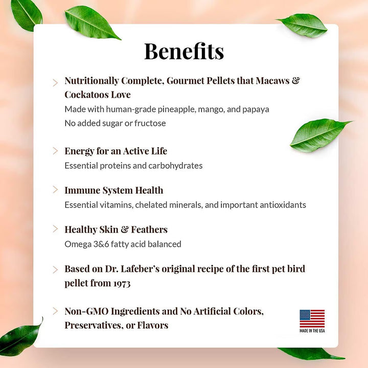 List of benefits for Lafeber Macaw Tropical Fruit Gourmet Pellets on a white background with green leaves.