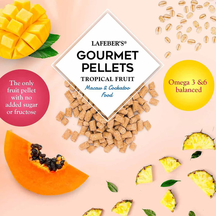 Lafeber's Gourmet Pellets for tropical fruit with mango, pineapple, and pumpkin on a pink background.