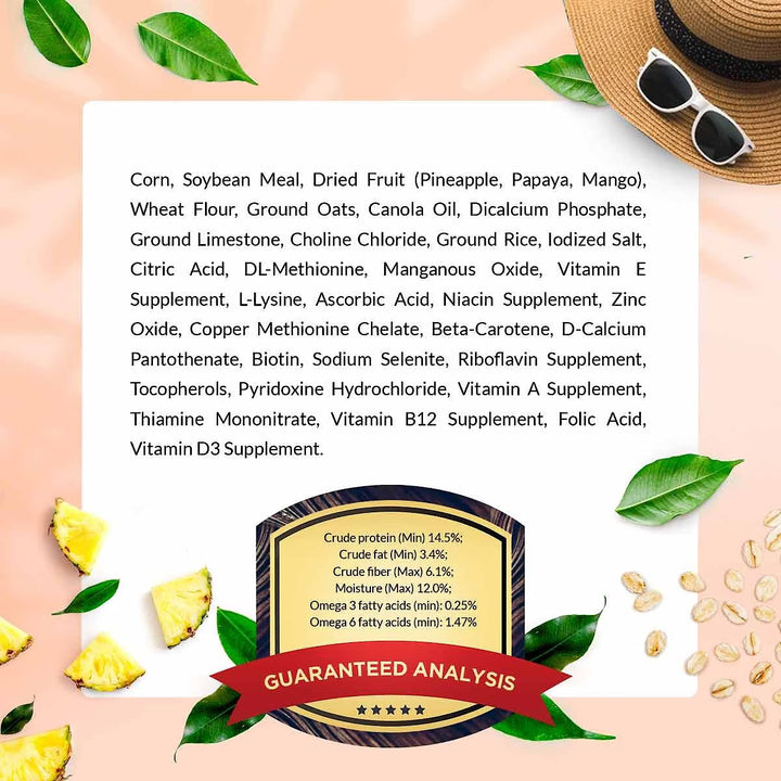 Supplement label with ingredients list on a pink background with pineapple slices and leaves.