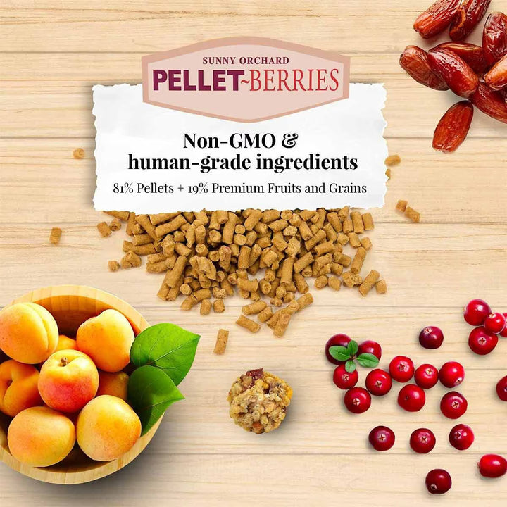 Sunny Orchard Pellet-Berries with non-GMO and human-grade ingredients on a wooden surface.