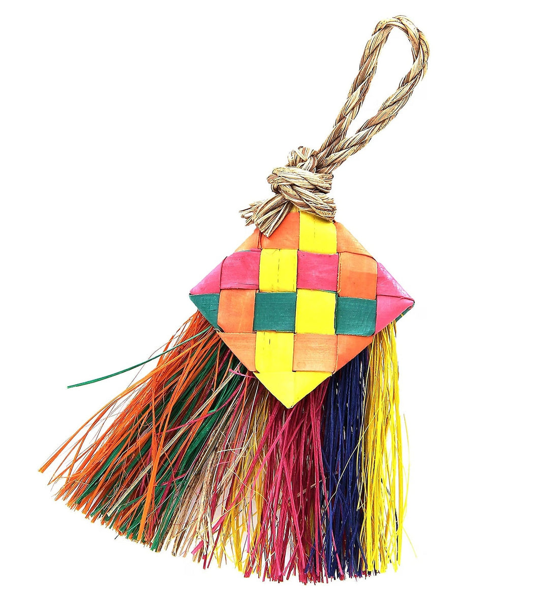 A colorful woven kite-shaped hanging ornament with a natural jute loop at the top and long multicolored tassels below, shown on a plain white background - Planet Pleasures Mini Bird Brush Preening Toy