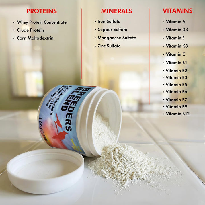 Open container of Breeder's Enders with a list of proteins, minerals, and vitamins on a blurred background
