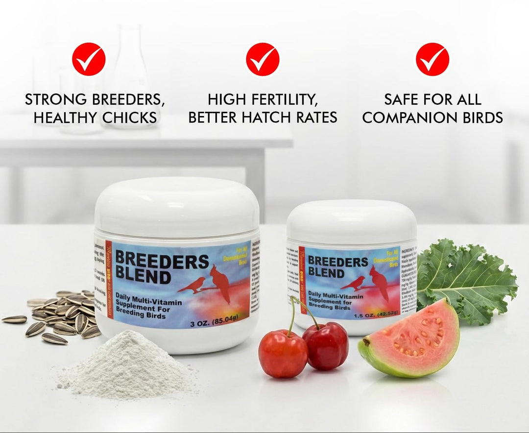 Two containers of 'Breeders Blend' with ingredients and text about breeding success on a white background.