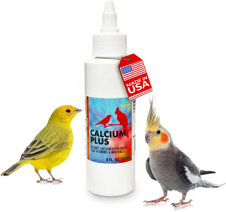 Bottle of Calcium Plus supplement for birds with two birds on a white background