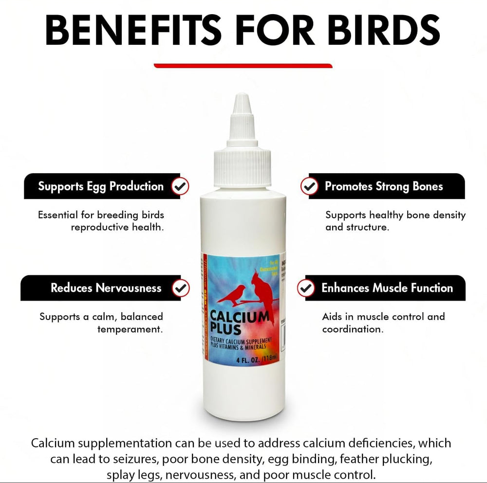 Calcium Plus supplement bottle with benefits listed for birds on a white background