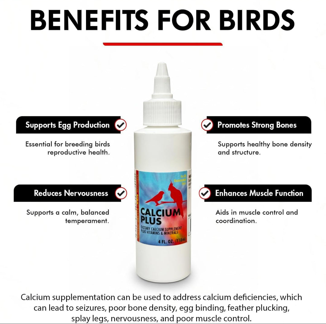 Calcium Plus supplement bottle with benefits listed for birds on a white background