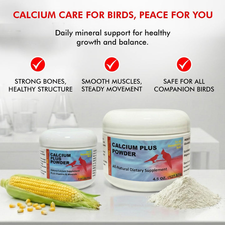 Calcium Plus Powder supplement for birds with text highlighting benefits on a white background.