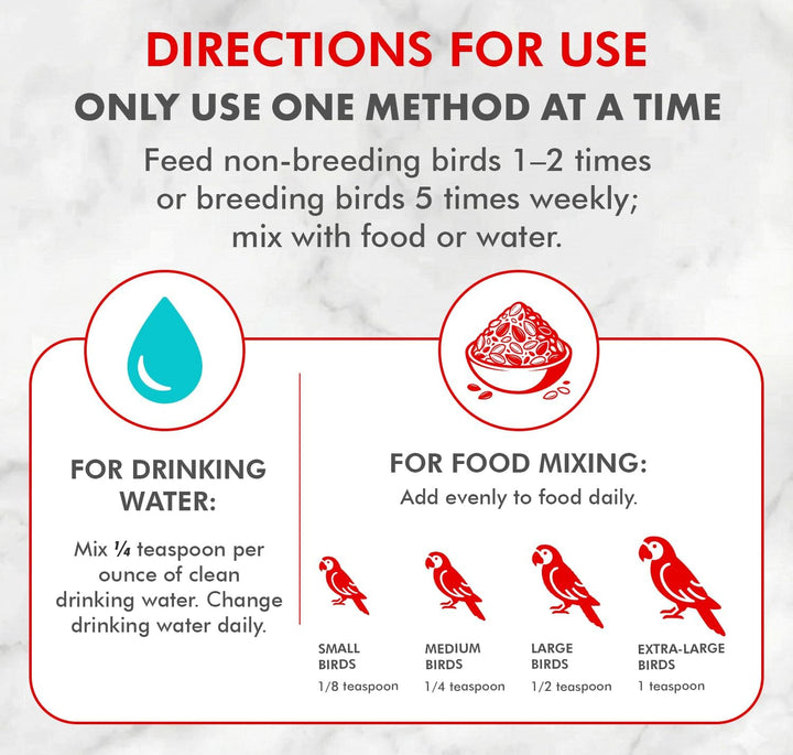 Bird product (Morning Bird Calcium Plus Powder Supplement, 2 oz.) usage instructions with icons for drinking water and food mixing on a white background.
