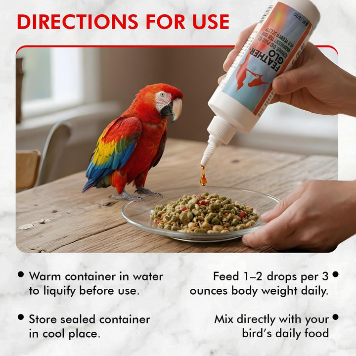 Directions for use for Morning Bird Feather-Glo Supplement, 4 oz.