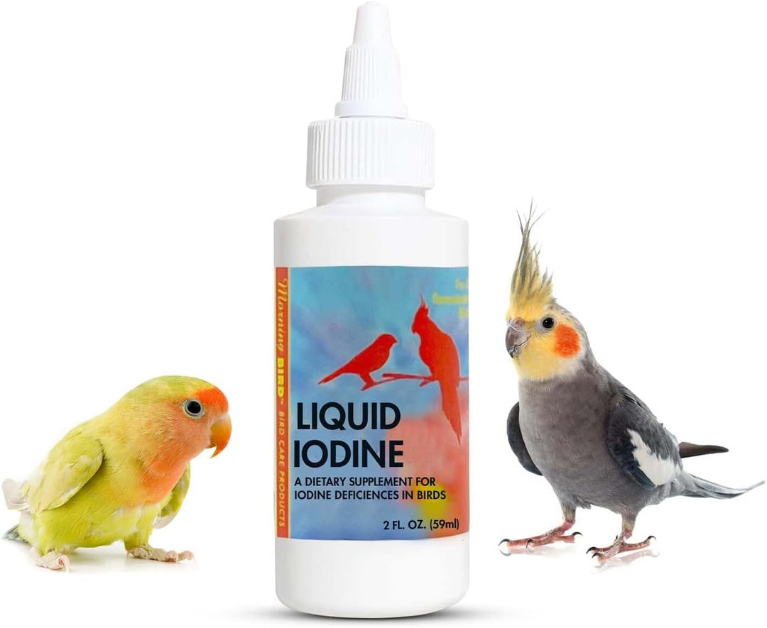 Bottle of liquid iodine supplement 2 oz. for birds with two parrots on a white background
