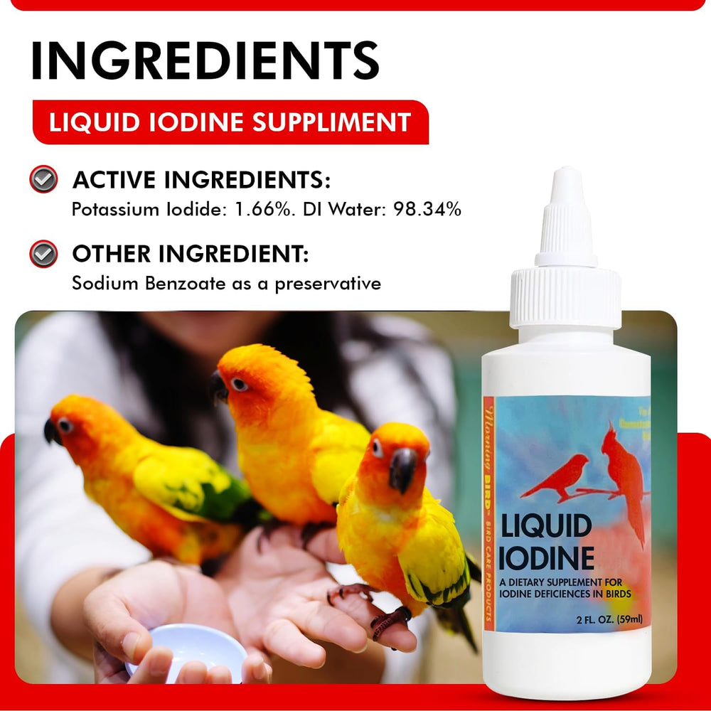 Liquid iodine supplement for birds with ingredients listed and a bottle shown.