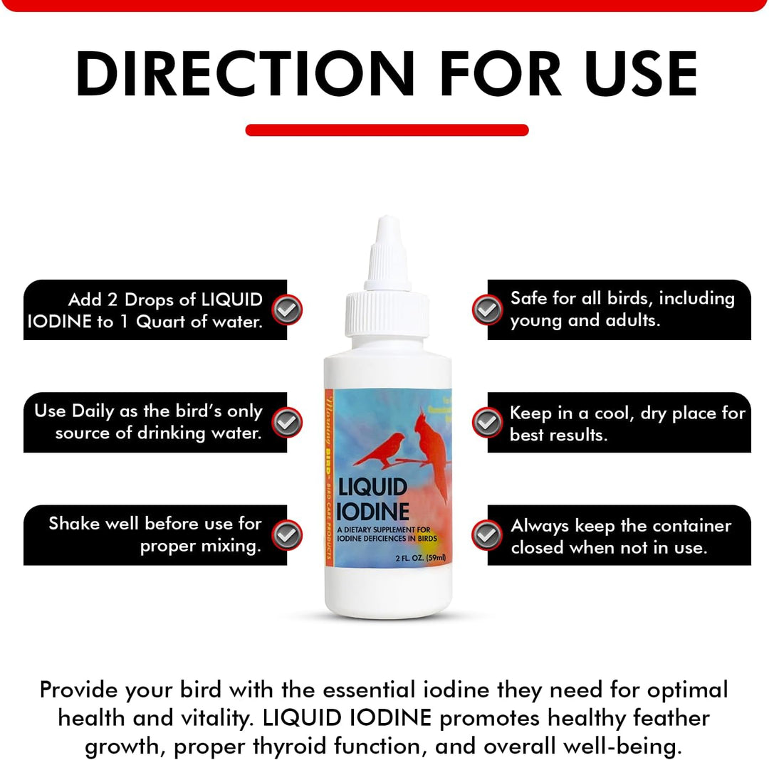 Bottle of Liquid Iodine for birds with usage instructions on a white background