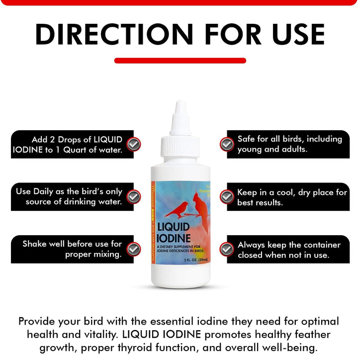Bottle of Liquid Iodine for birds with usage instructions on a white background