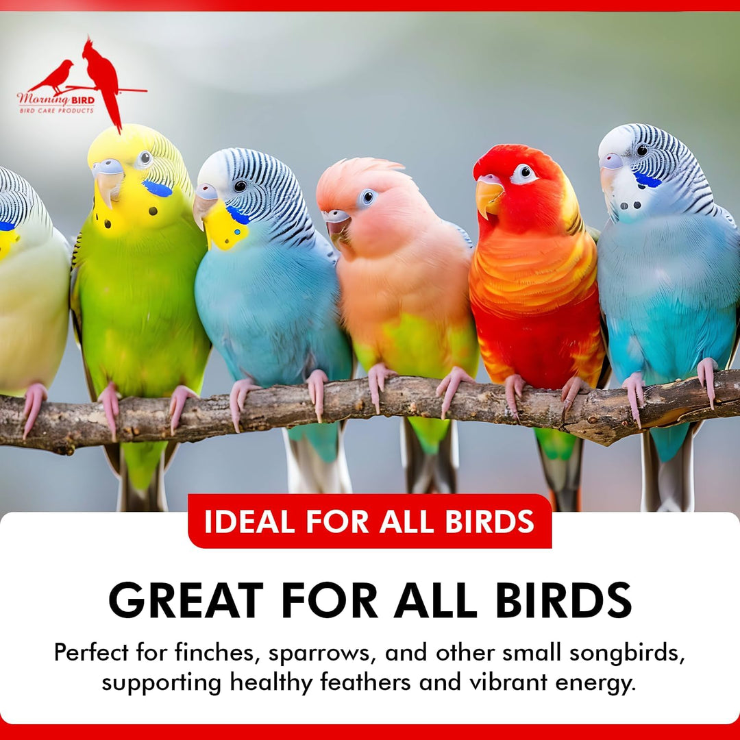 Colorful birds perched on a branch with promotional text about bird health products.
