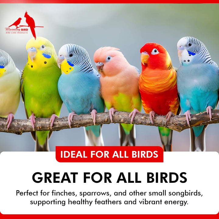 Colorful birds perched on a branch with promotional text about bird health products.