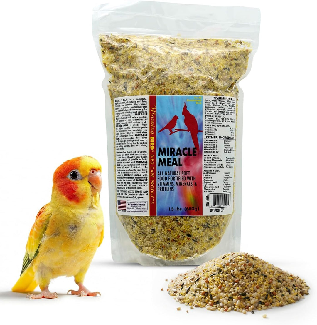 A clear stand-up pouch of Miracle Meal bird food with a colorful front label, shown on a white background beside a small yellow-orange bird and a small pile of the granular food.