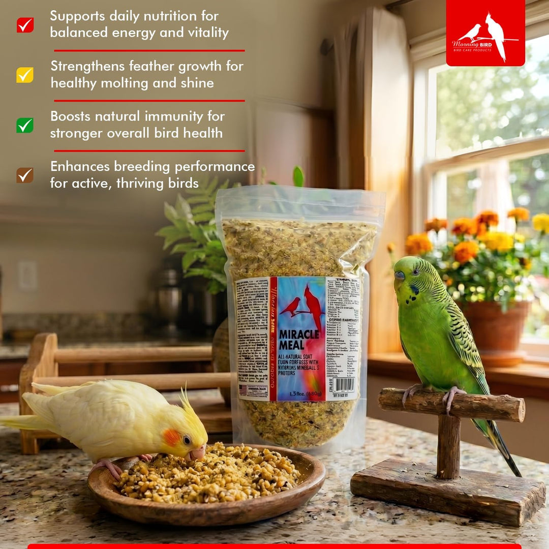 Bag of Miracle Meal bird food with two birds eating from a bowl on a kitchen counter.