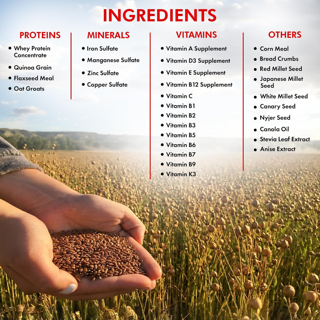 Hand holding seeds with a list of ingredients of Morning Bird Miracle Meal, 1.5 lb in the background, set against a scenic landscape.