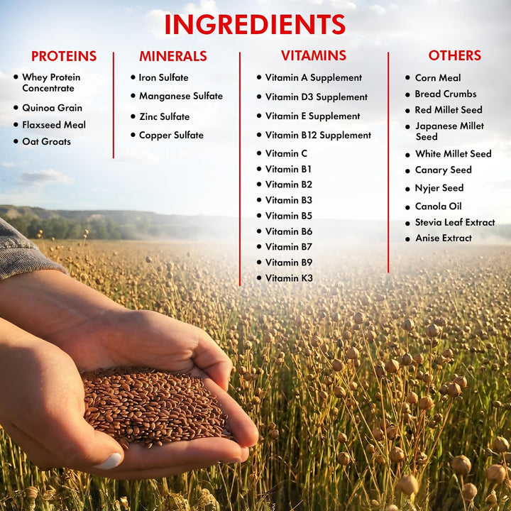 Hand holding seeds with a list of ingredients of Morning Bird Miracle Meal, 1.5 lb in the background, set against a scenic landscape.