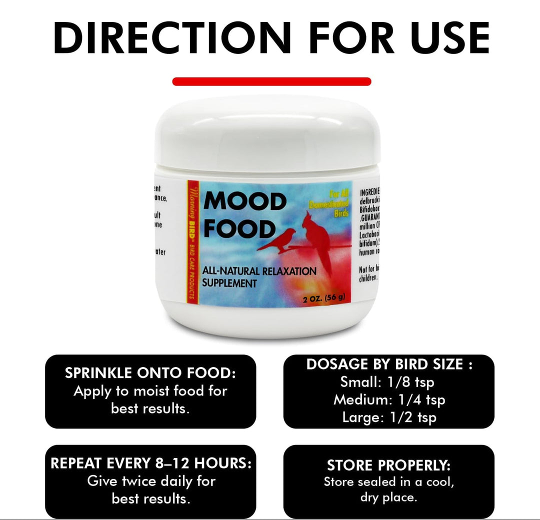 Dorections for use for Morning Bird Mood Food Calming Supplement, 2 oz.