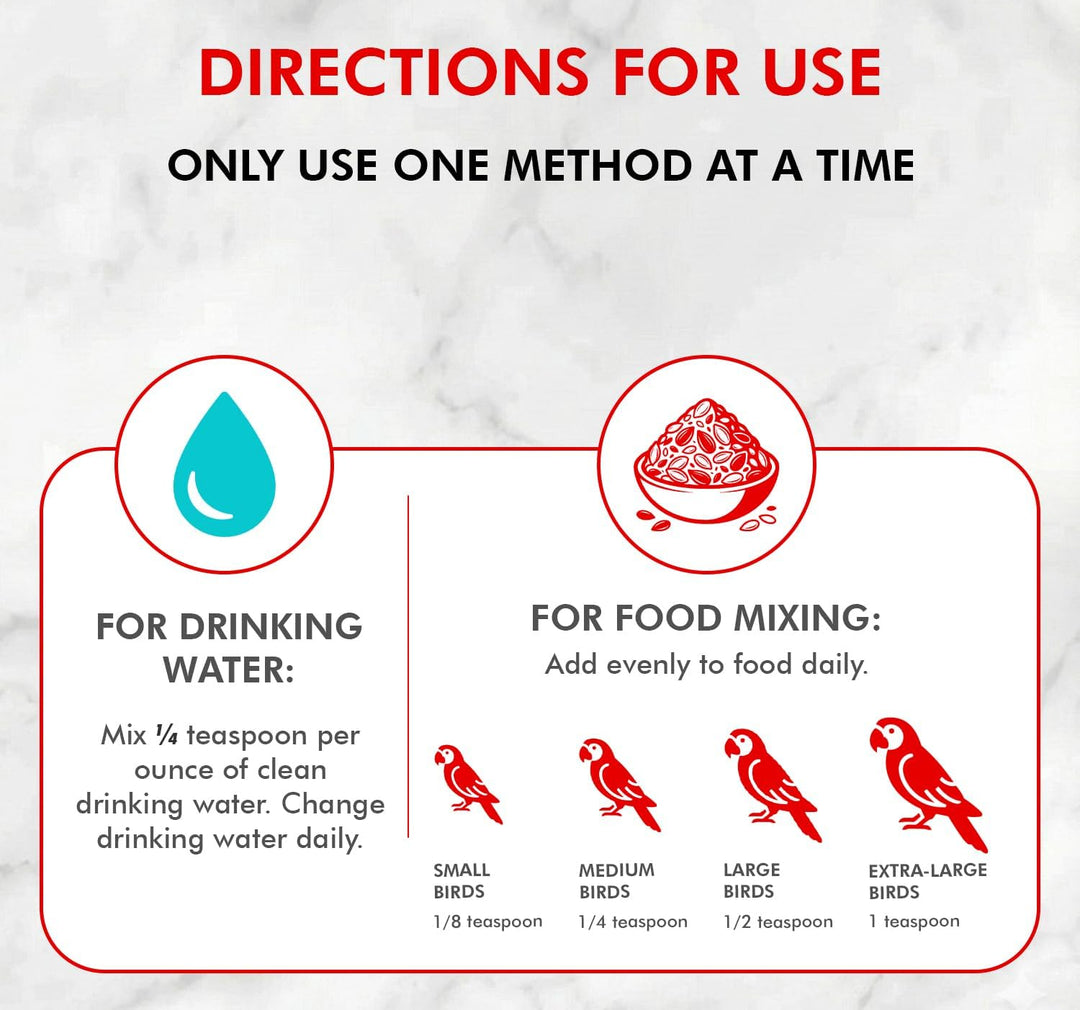 Bird supplement usage chart with directions for drinking water and food mixing on a white background.