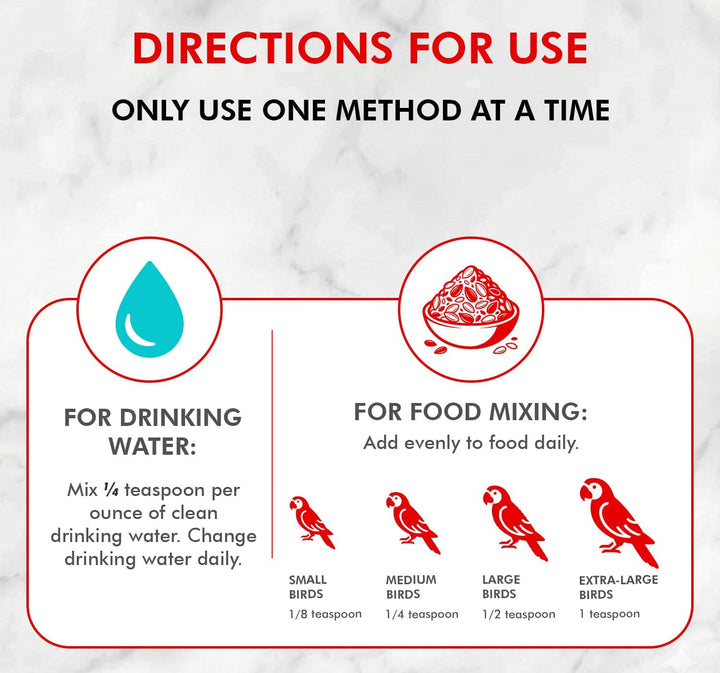 Bird supplement usage chart with directions for drinking water and food mixing on a white background.
