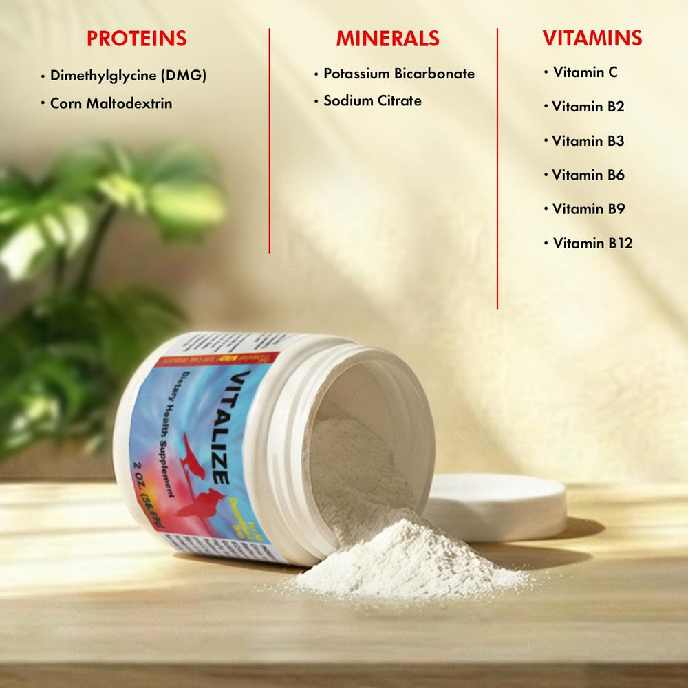 Open container of 'Vitalize' powder with ingredients listed for proteins, minerals, and vitamins on a wooden surface.