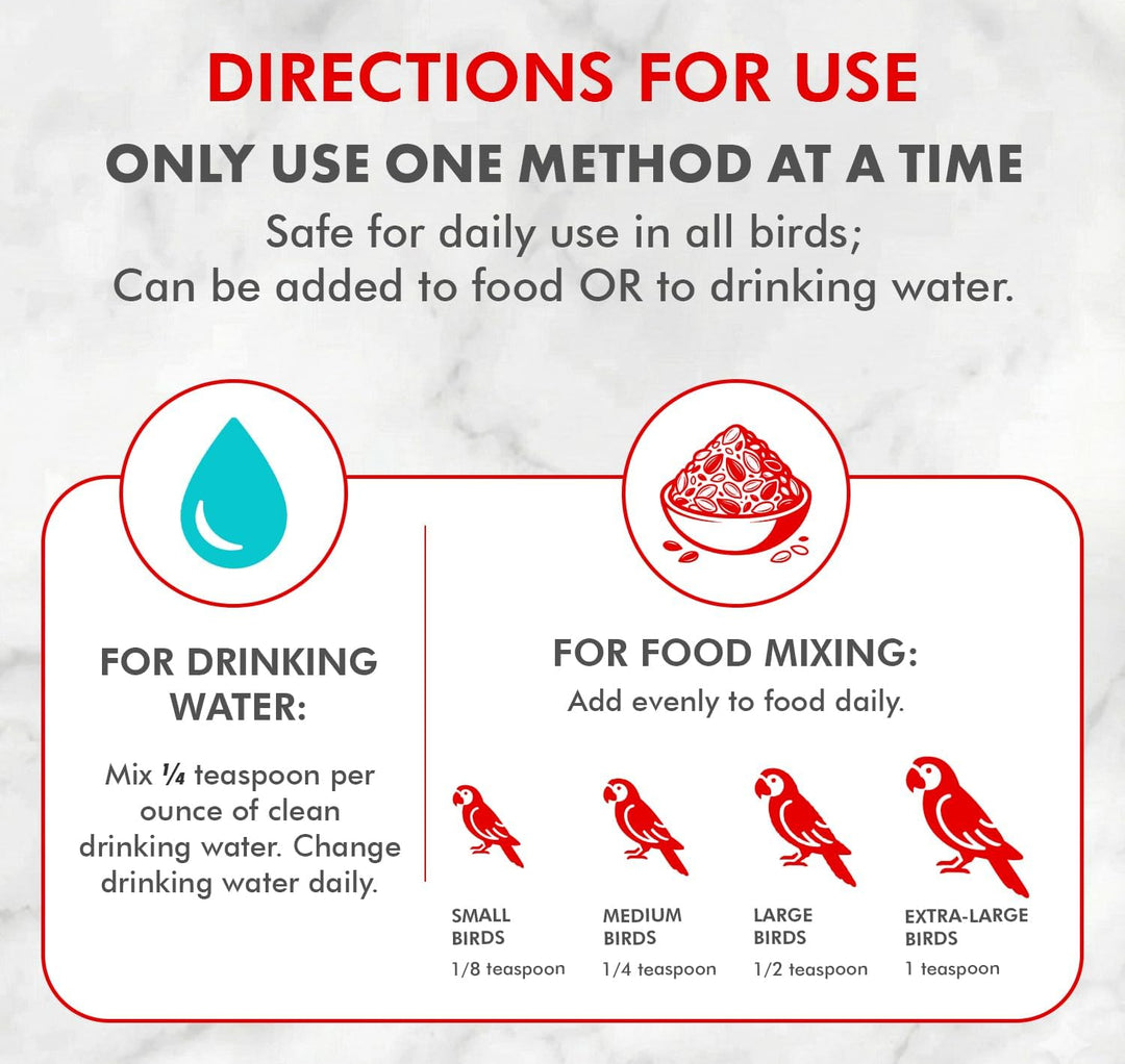 Instructional graphic titled 'DIRECTIONS FOR USE' showing how to use a bird supplement. It states the product is safe for daily use in all birds and can be added to food or drinking water - Morning Bird Vitalize Supplement, 2 oz.