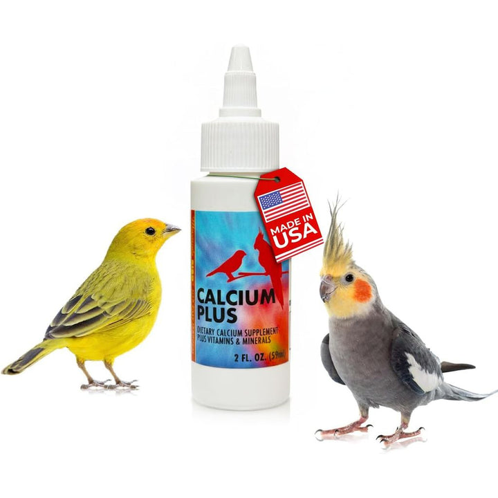 Bottle of Calcium Plus supplement 2oz. for birds with two birds on a white background