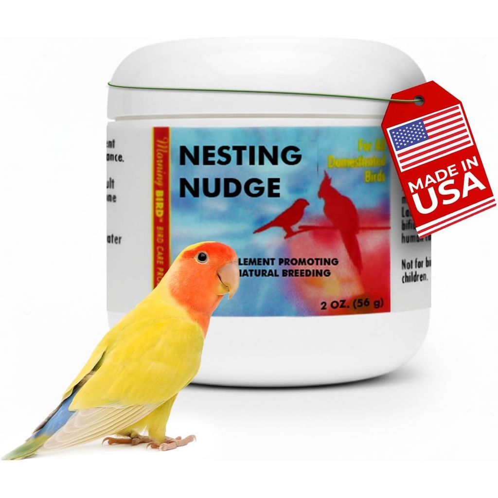 Container of 'Nesting Nudge' with a bird and 'Made in USA' tag on a white background