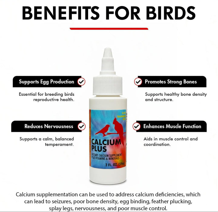 Calcium Plus supplement 2 oz. bottle with benefits listed for birds on a white background