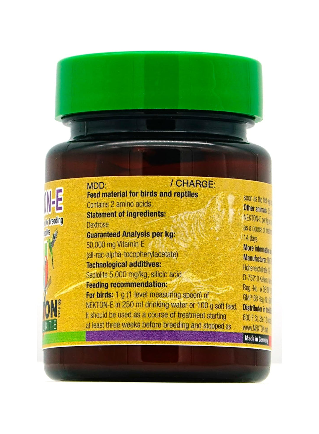A bottle of Nordon-E Vitamin E for birds and reptiles, featuring a bright green cap and a yellow label with black text, shown against a plain white background.