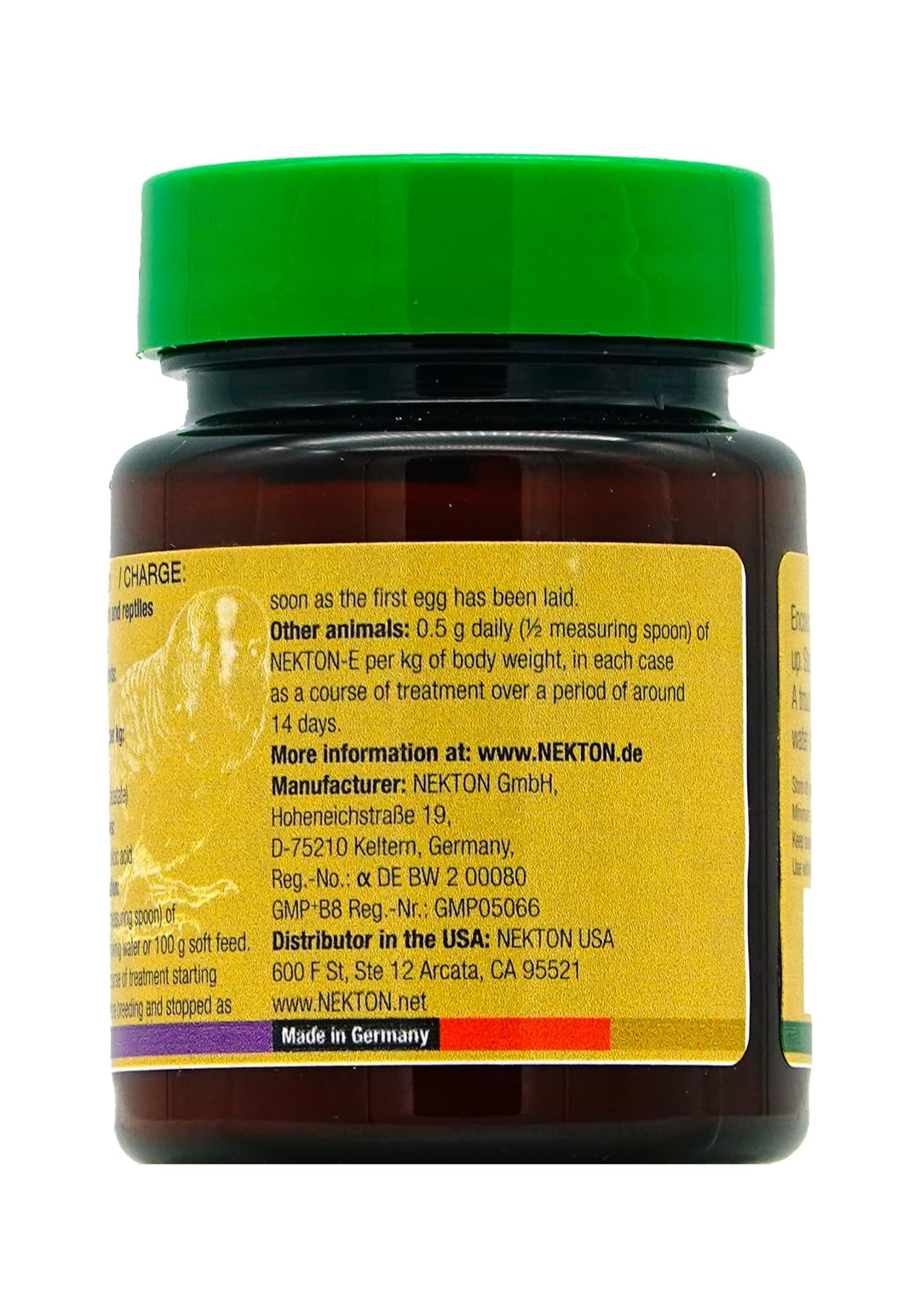 A bottle of NEXKTON eggshell powder supplement with a green cap and a yellow label showing usage instructions and manufacturer details.