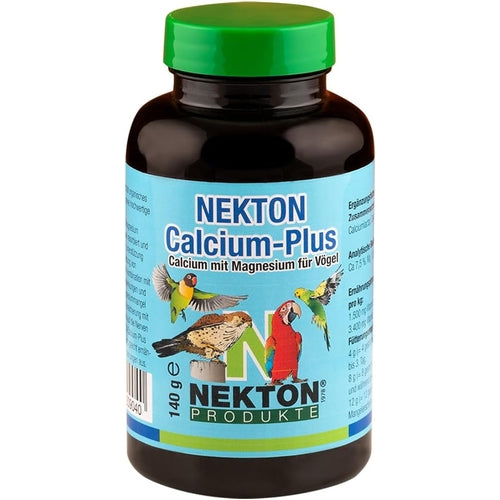 A bottle of Nekton Calcium-Plus supplement for birds, featuring a dark brown bottle, a green cap, and a light blue label with illustrations of various birds.