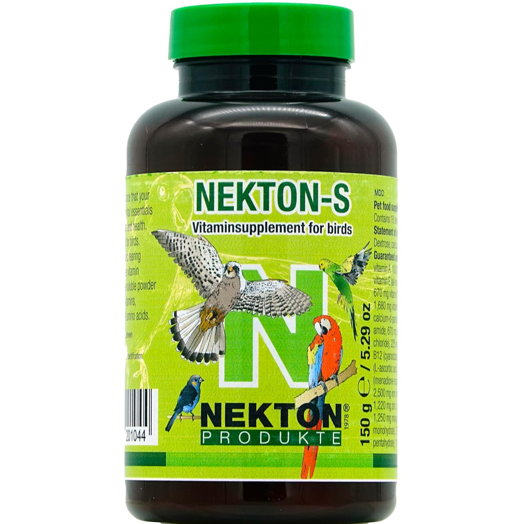 A bottle of Nekt-on-S Vitaminsupplement for birds by Nekt-on Produkte, featuring a dark brown bottle with a bright green cap and a green label decorated with illustrations of various birds.