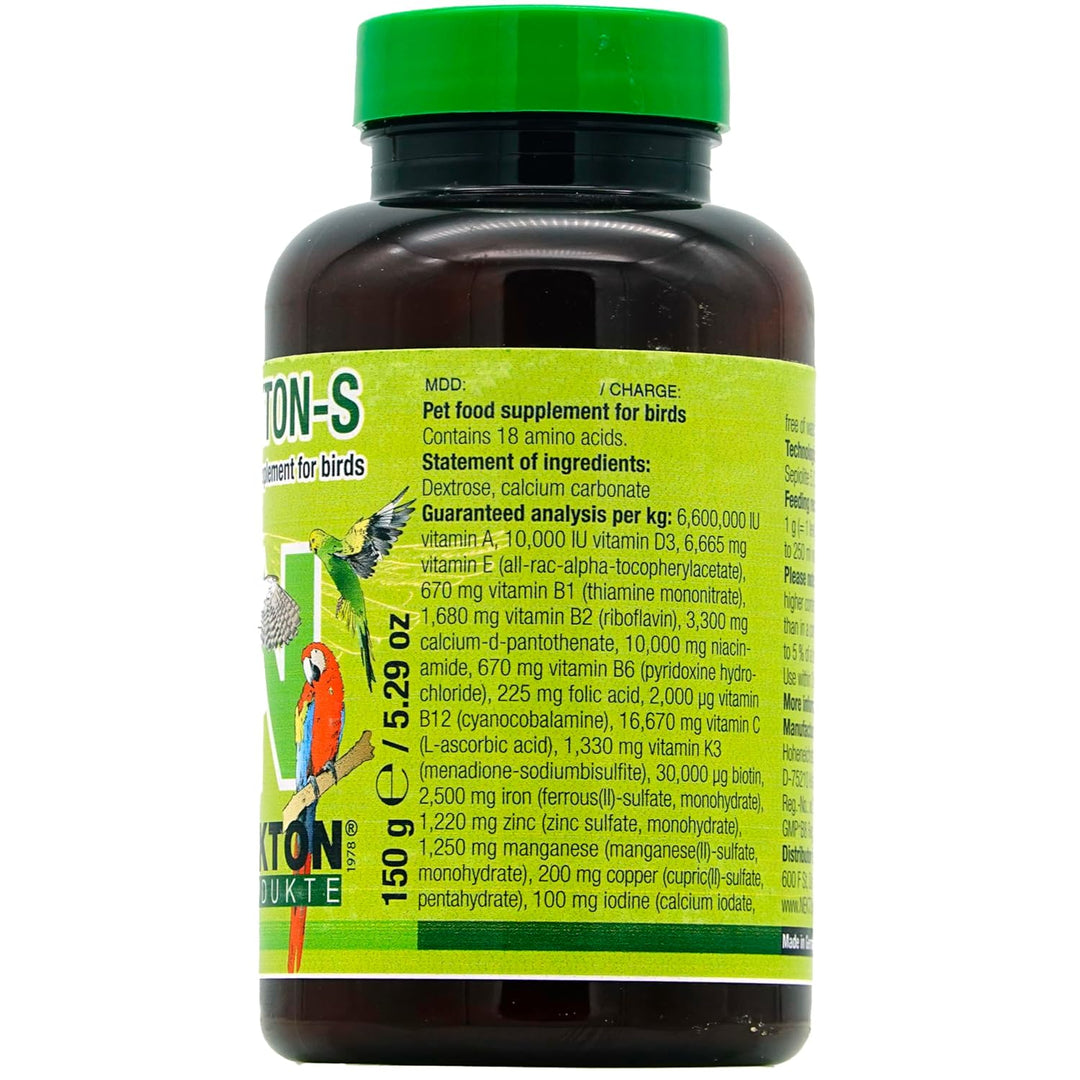 A brown plastic bottle of Toton-S pet food supplement for birds, featuring a bright green cap and a lime-green label with detailed text and a parrot illustration.